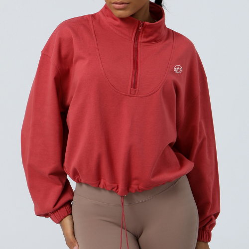 LunaFit Quarter-Zip Cropped Pullover – Rust Red