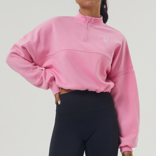 LunaFit Quarter-Zip Cropped Pullover – Bubblegum Pink